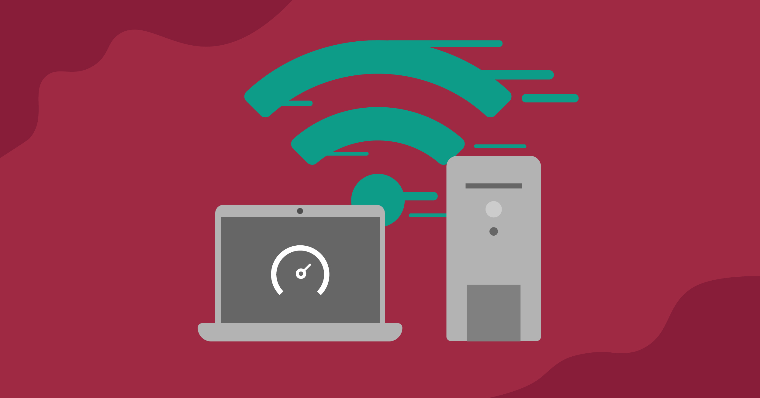 På bilden syns en illustration över en dator med en hastighetsmätare. Bakgrunden är röd och har en grön WiFi-symbol.