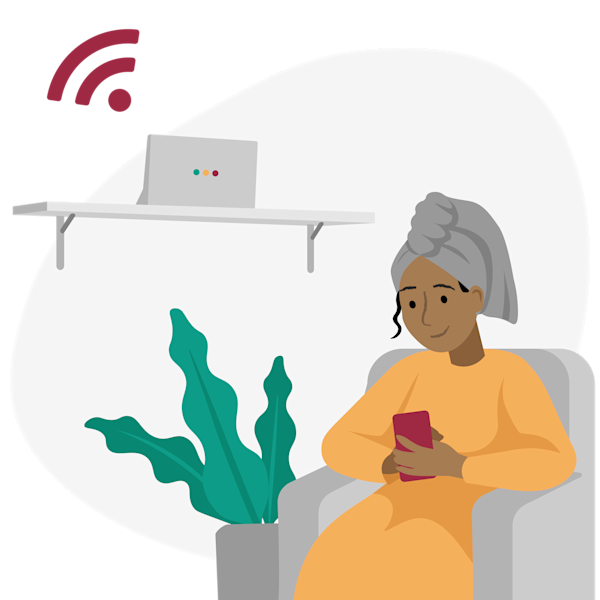 Illustration med en router som står på en hylla, en kvinna sitter i en fåtölj med handduk virad runt håret och skrollar på en mobil.