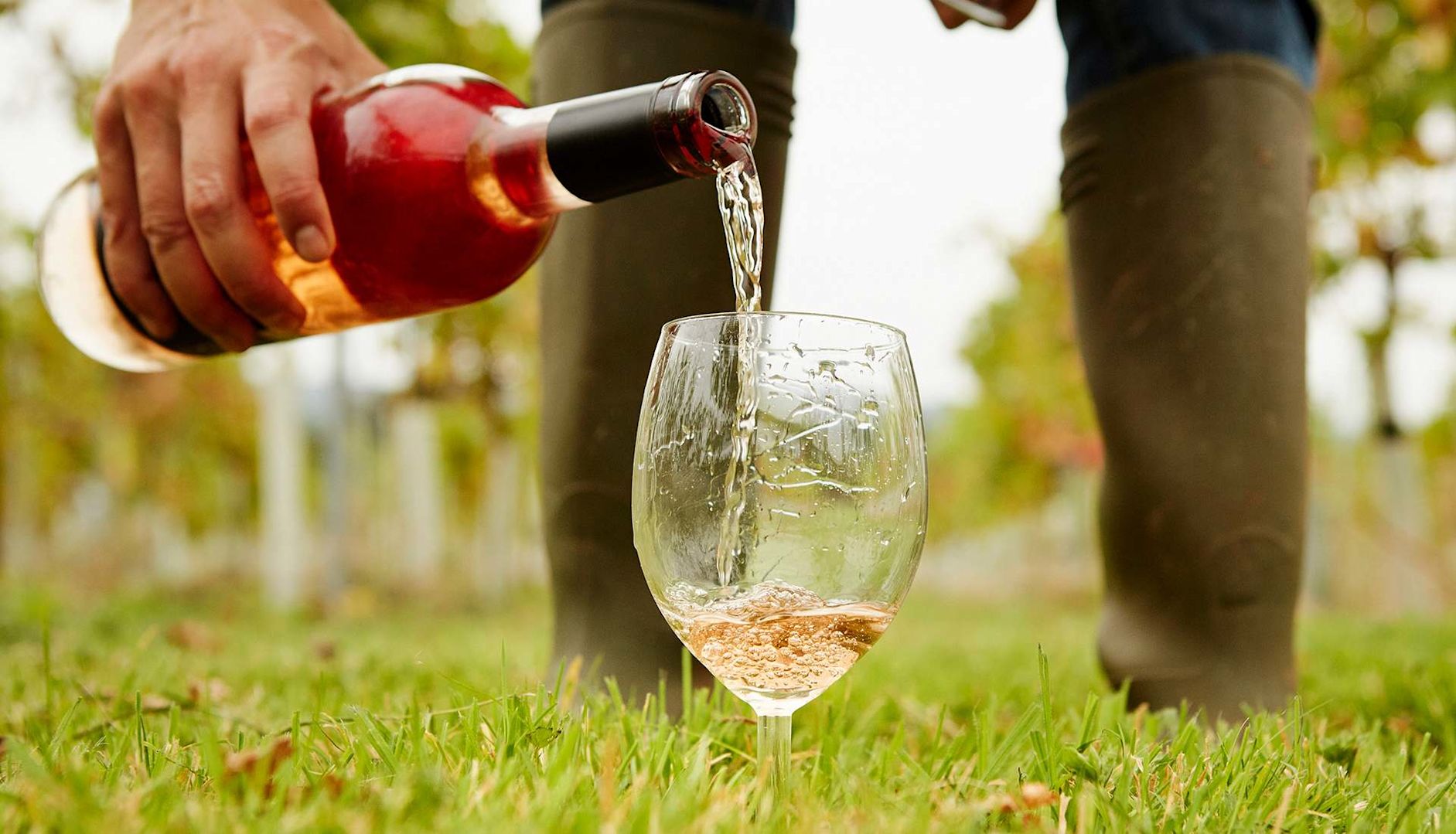 Picture of man wearing wellies pouring rose wine into a glass on the ground in a vineyard