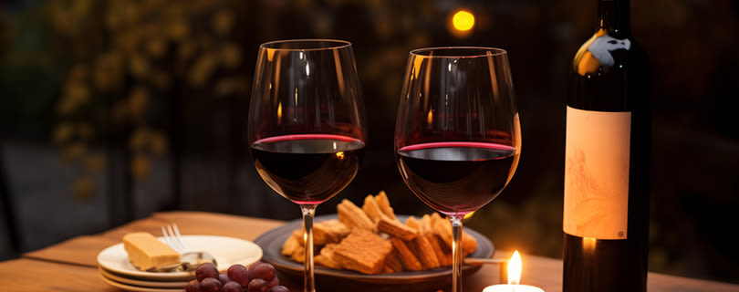 Two glasses of Monastrell red wine with plates of nibbles - Spanish red wine