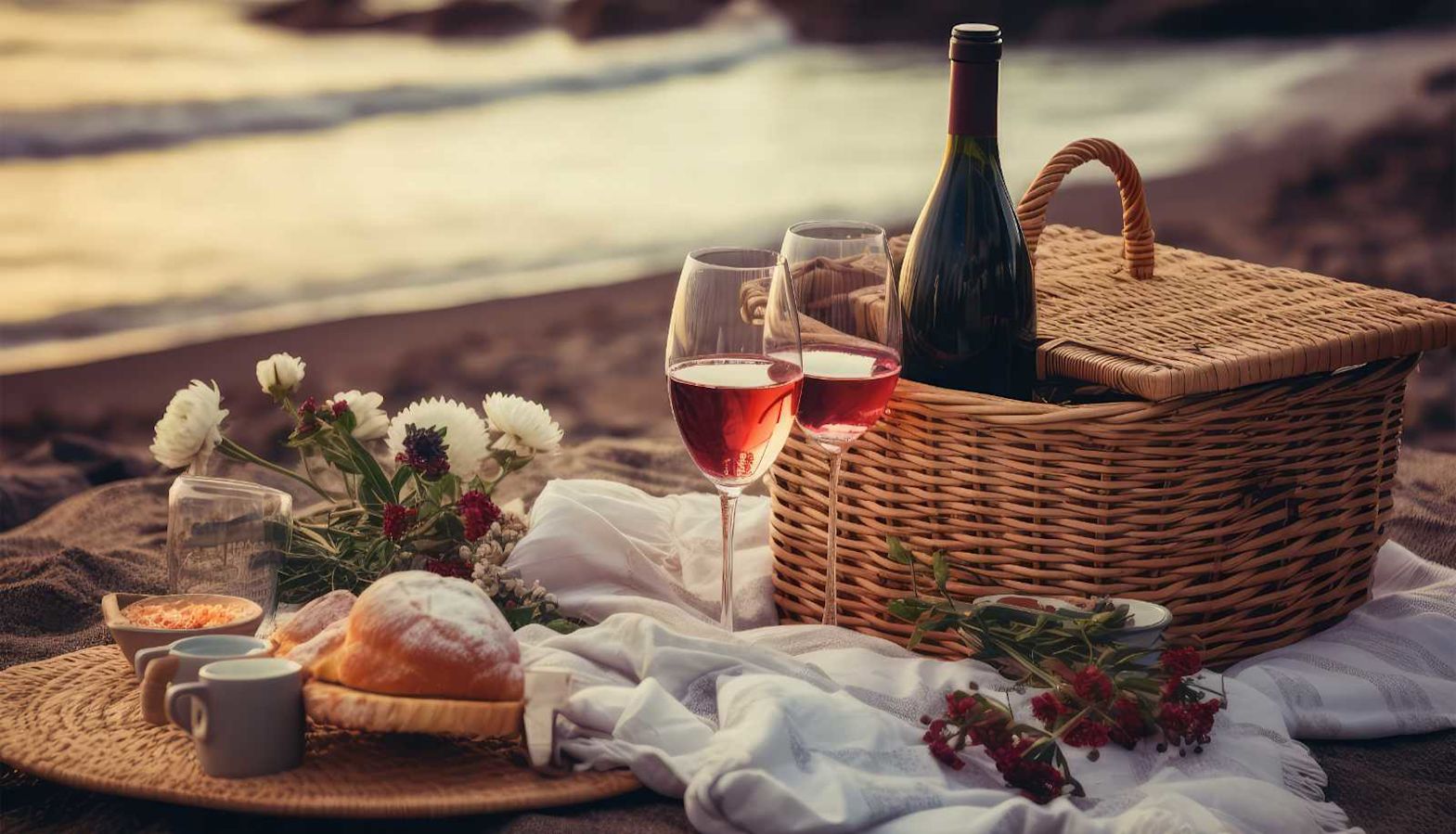 A picnic on the beach with a bottle and glasses of red wine - light red wine