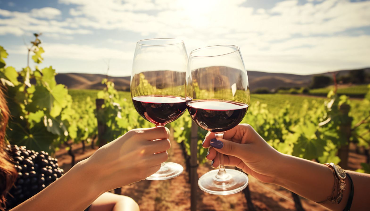 People raising glasses of red wine in a vineyard - new world wine