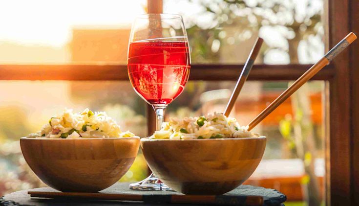 Chinese food and a glass of wine