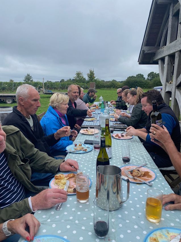 Family and friends enjoying harvest lunch around the table at the vineyard