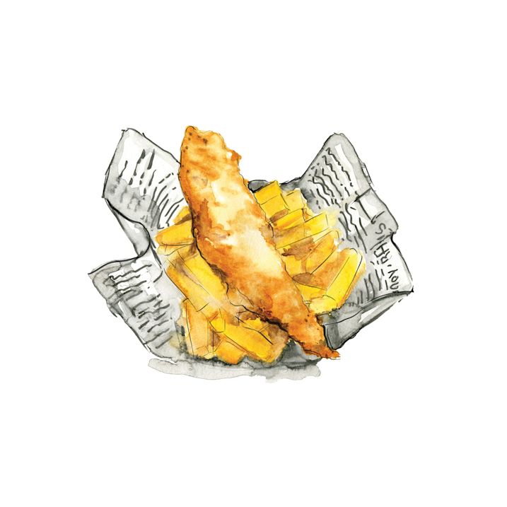 A watercolour painting of a portion of battered fish and chips sitting on a sheet of newspaper.