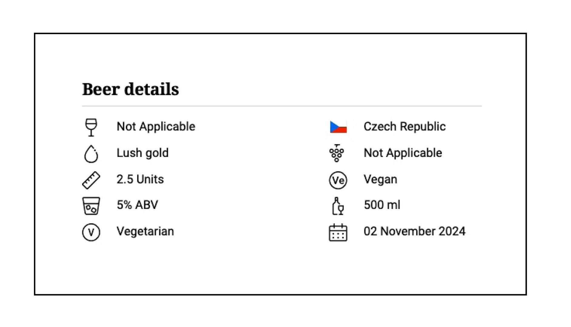 Screenshot of the details section of one of our beer product pages, showing the vegan symbol