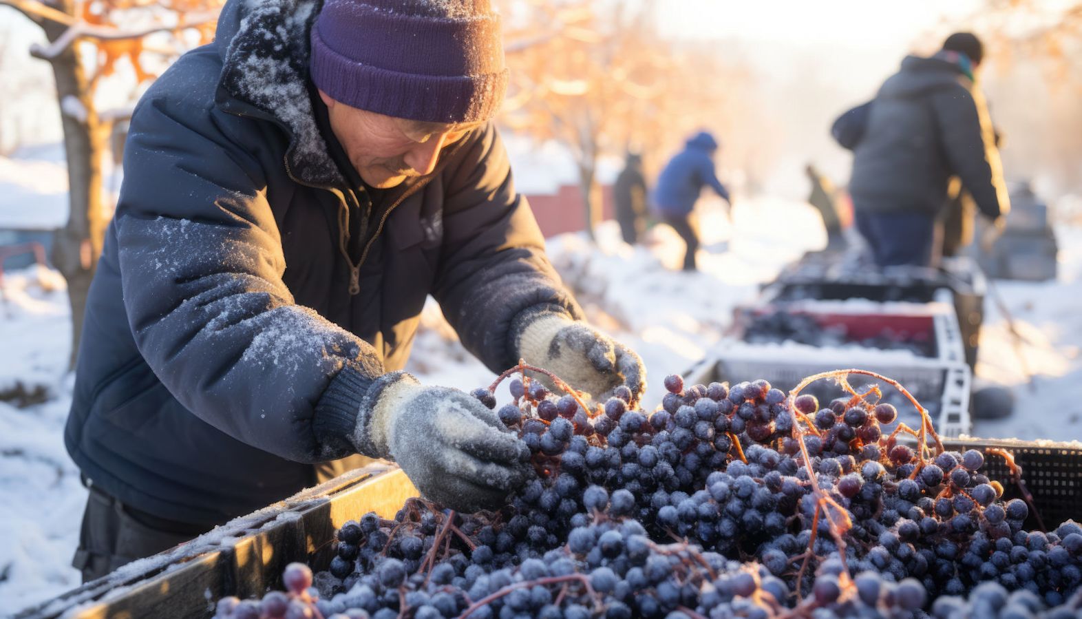 People harvesting frozen red grapes at a vineyard in the snow - ice wine