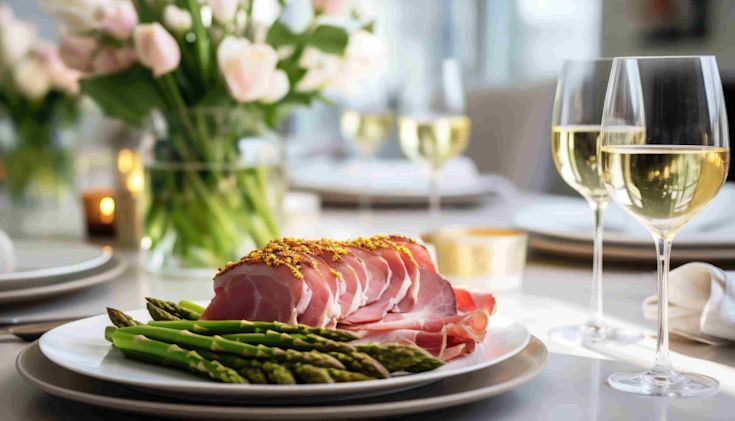 An image of gammon slices and four glasses of white wine on a table