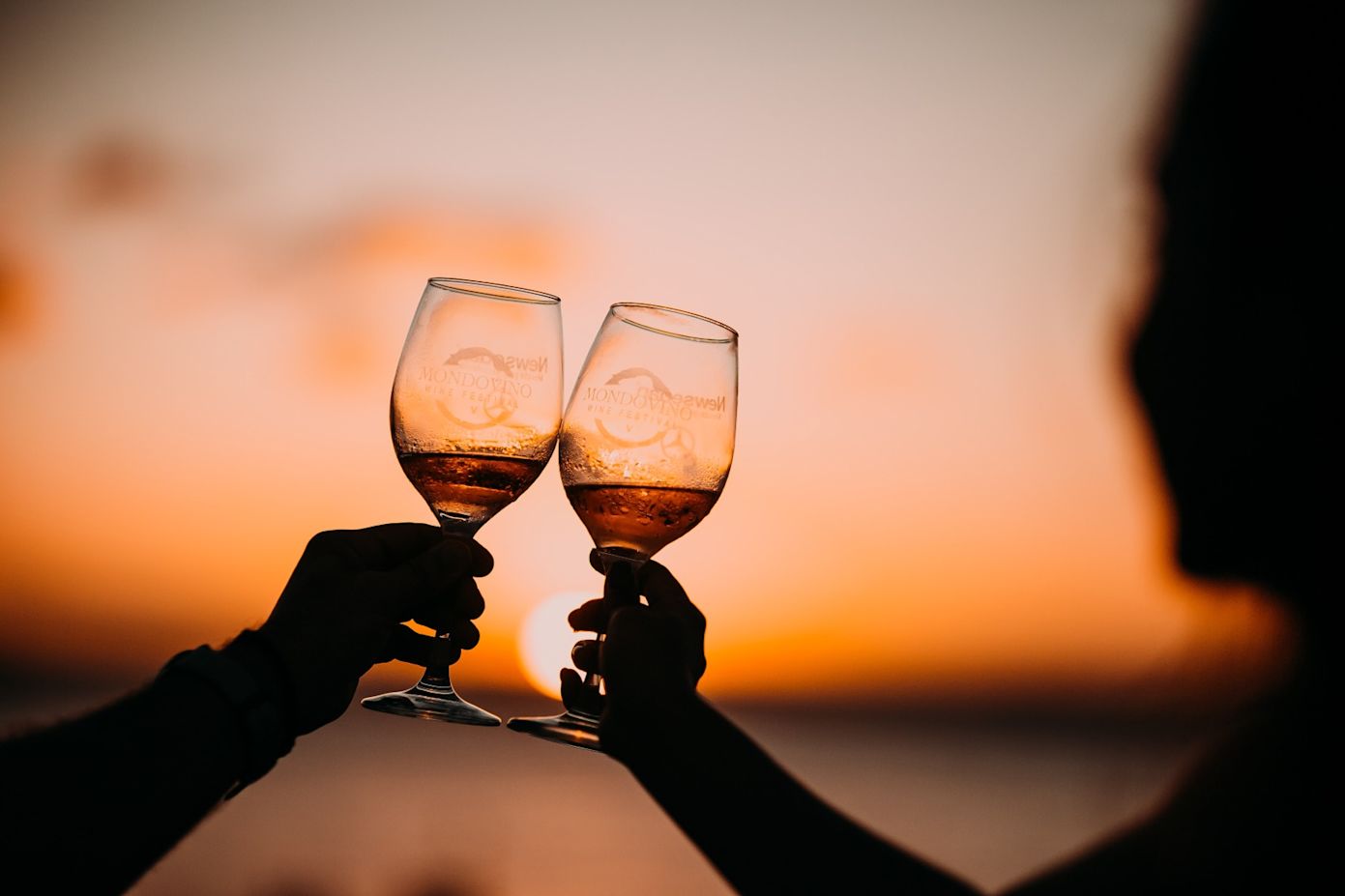 silhouetted figures holding wineglasses at sunset