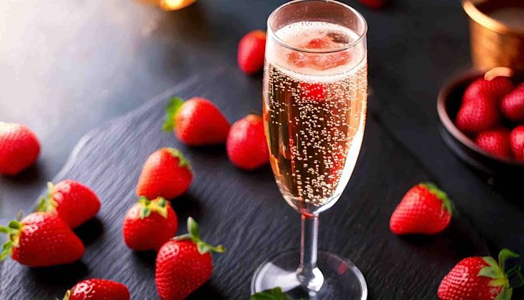 A glass of pink Champagne with a strawberry