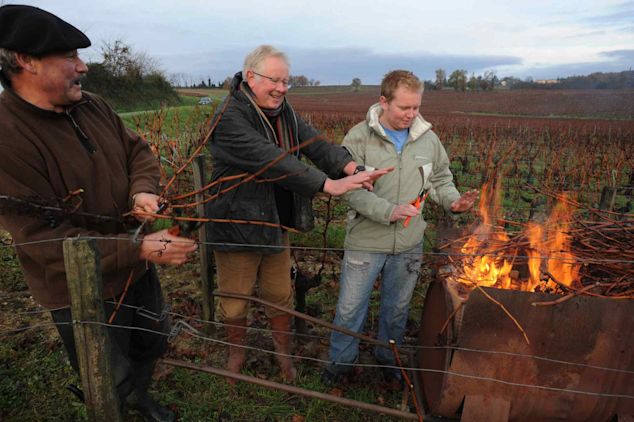 Tony and Henry Laithwaite in the vineyards warming up by a wheelbarrow of lit pruning offcuts