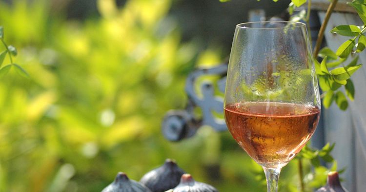 A glass of rose wine outdoors on a table with figs.