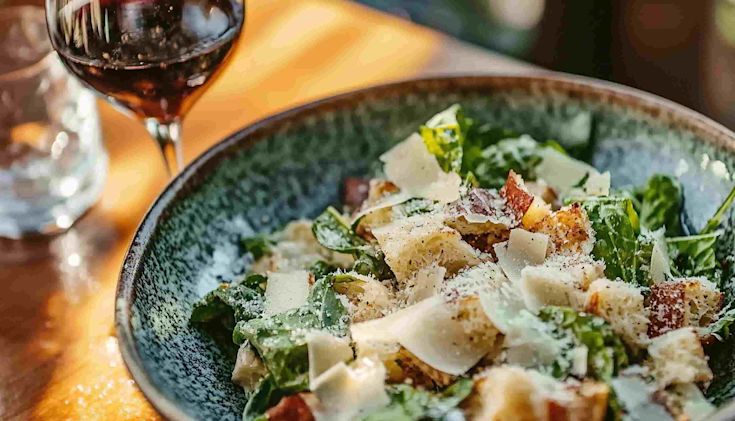 An image of wine and a salad
