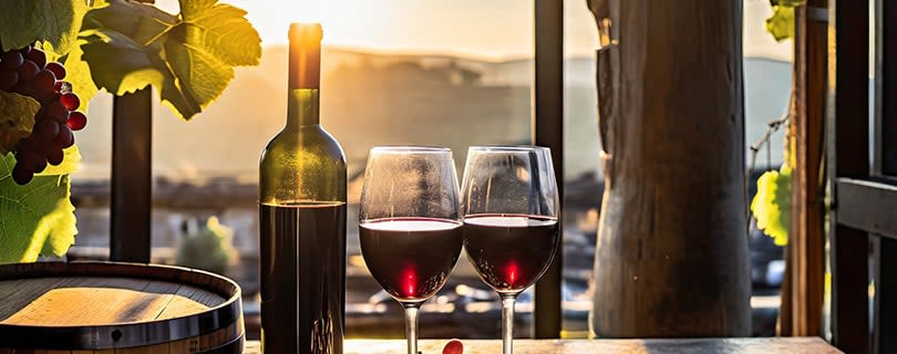 A bottle and two glasses of red wine on a table overlooking a sunset view - wine body