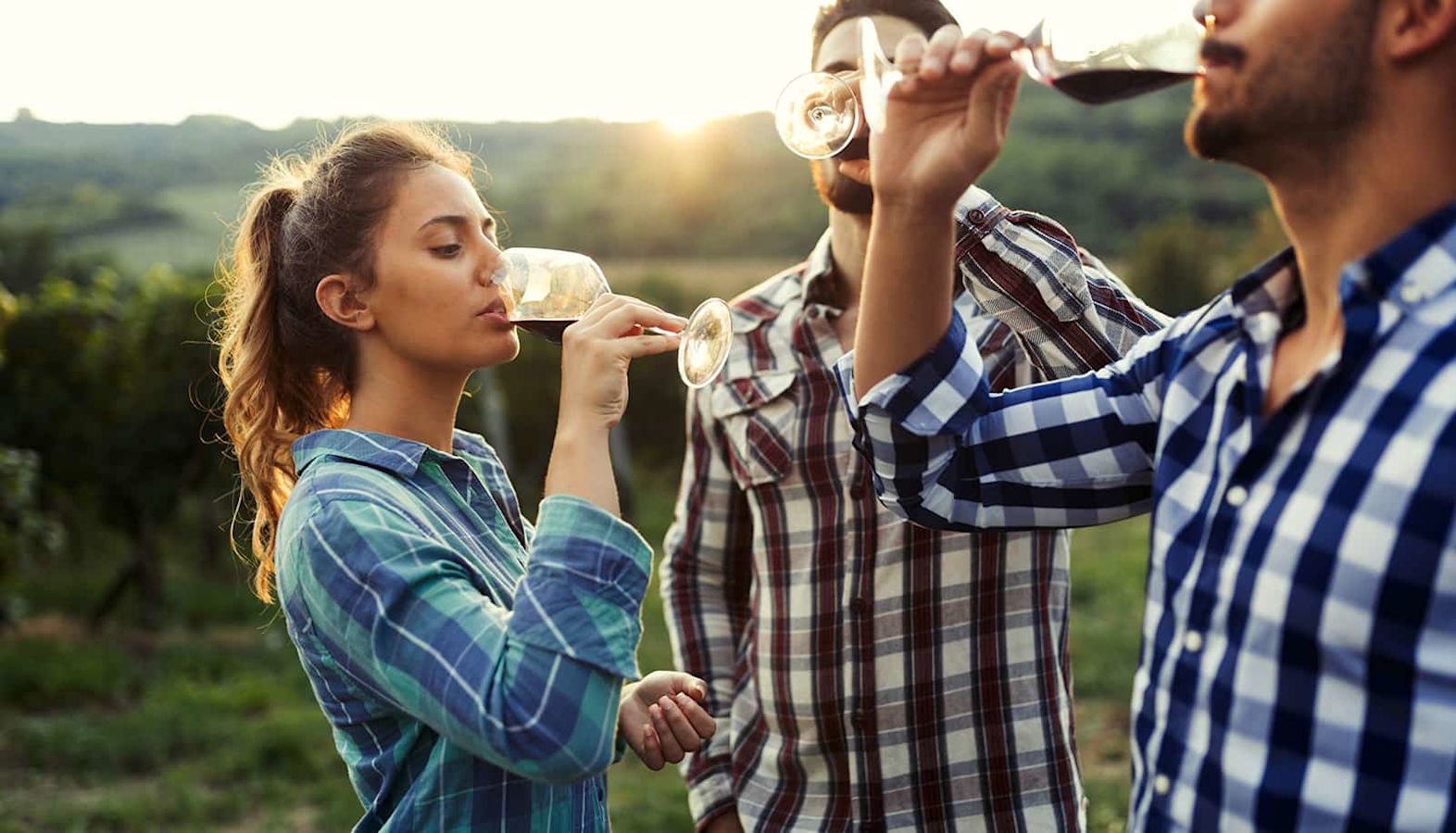 Three people tasting and drinking red wine outside in a vineyard - corked wine