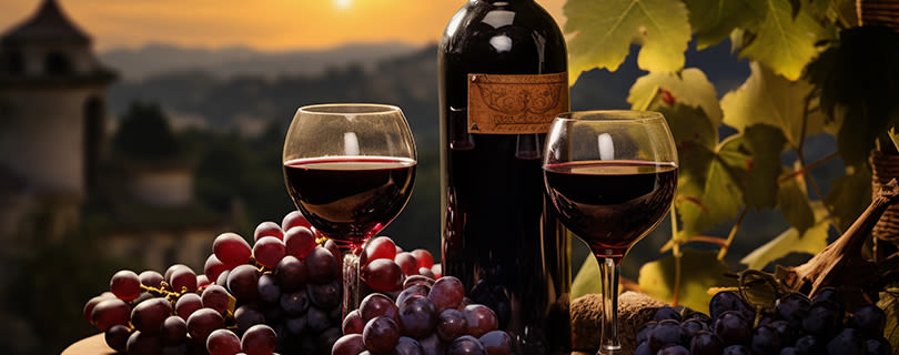 A bottle and two glasses of Tempranillo red wine overlooking a scenic landscape - Spanish red wines
