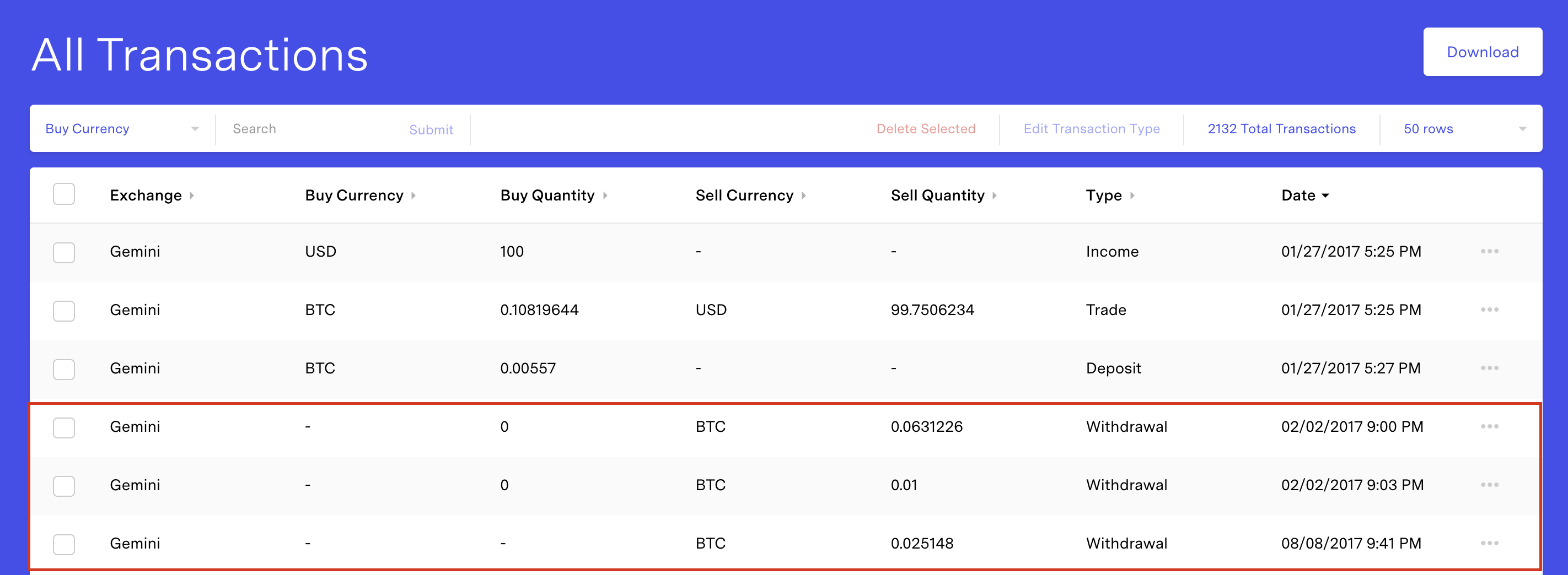 TokenTax Gemini transactions example