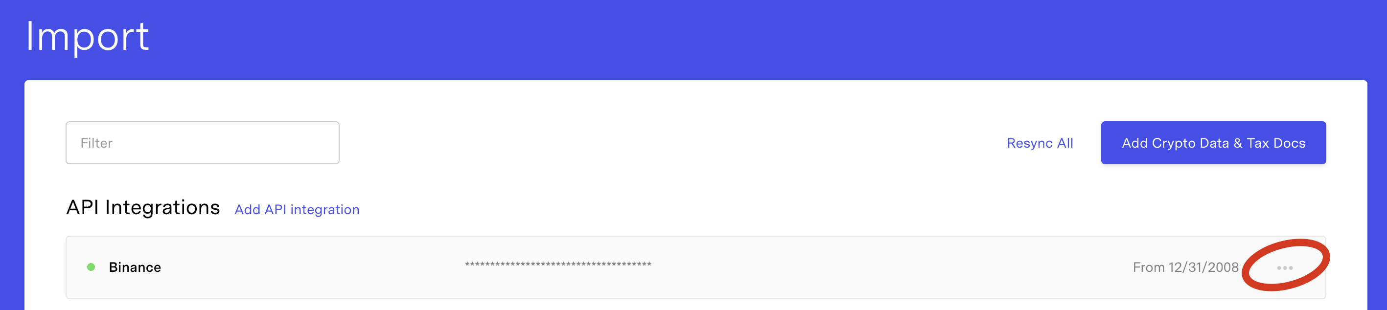 Screenshot showing how to delete an import on TokenTax