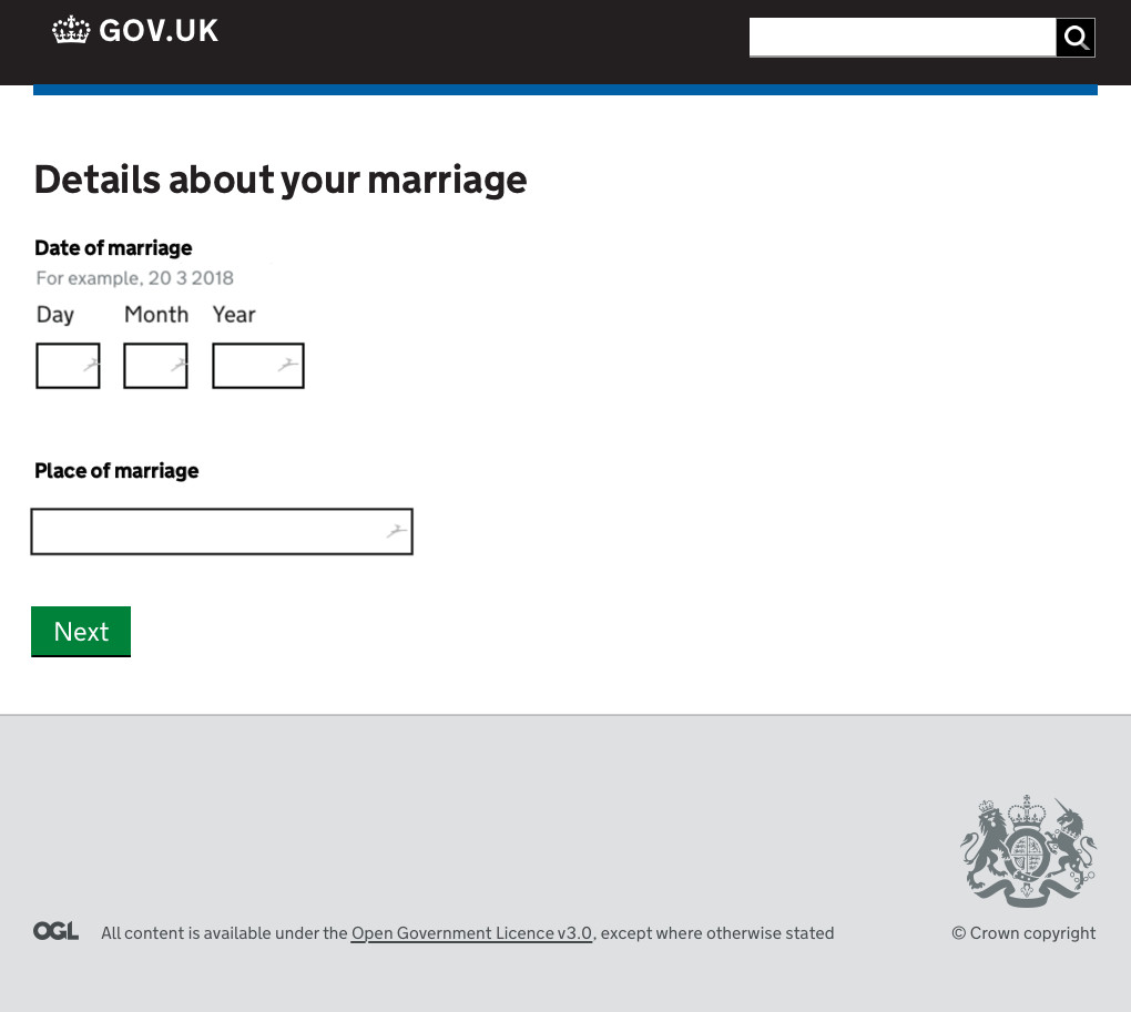 Screenshot of a GOV.UK styled webform as part of the Certificate of No Impediment online application
