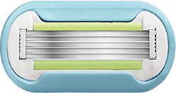 Razor blade cartridge with green lubastrip and skinguard.