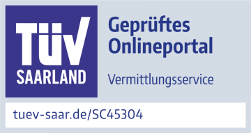 Logo des TÜV Saarland mit weißem Text auf violettem Hintergrund, neben den Überschriften „geprüftes Onlineportal“ und „Vermittlungsservice“ sowie einer Website-Adresse darunter.