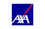 Logo von AXA, bestehend aus den weißen Großbuchstaben „AXA“ auf blauem Hintergrund und einer roten diagonalen Linie über dem Schriftzug.