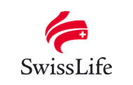 Das Logo von Swiss Life besteht aus einer abstrakten roten Figur mit einem weissen Kreuz, welche die Schweizer Flagge darstellt, neben dem Text „Swiss Life“ in Schwarz.