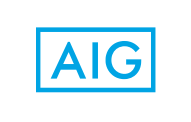 Das Logo von AIG besteht aus den blauen Buchstaben „AIG“ in einem blauen Rechteck.