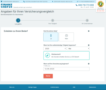 Ein Screenshot der Versicherungsvergleichswebsite „Finanzchef24“, die ein Formular mit verschiedenen Feldern zur Eingabe persönlicher und geschäftlicher Informationen zeigt.