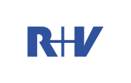 Logo von r+v mit fetten Großbuchstaben in Blau auf weißem Hintergrund.