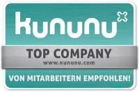 Siegel von kununu mit einem „Top Company“-Badge und dem Text „Von Mitarbeitern empfohlen!“.