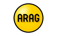 Das Logo von Arag besteht aus schwarzen Großbuchstaben auf einem gelben Kreis mit schwarzem Rand.