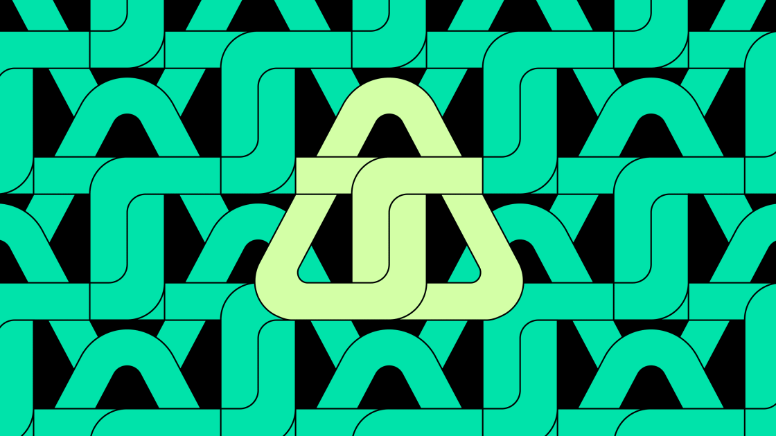 Yellow Telnyx logo intertwined with green Telnyx logos on a black background