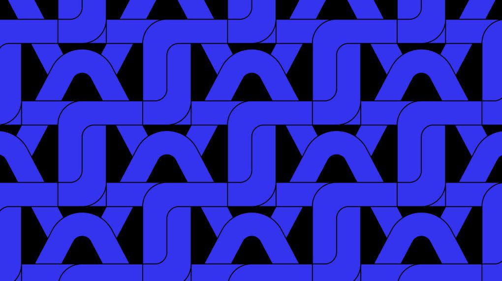 Blue intertwined Telnyx logo on a black background