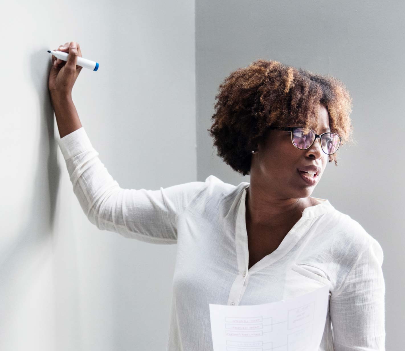 Woman writes on whiteboard