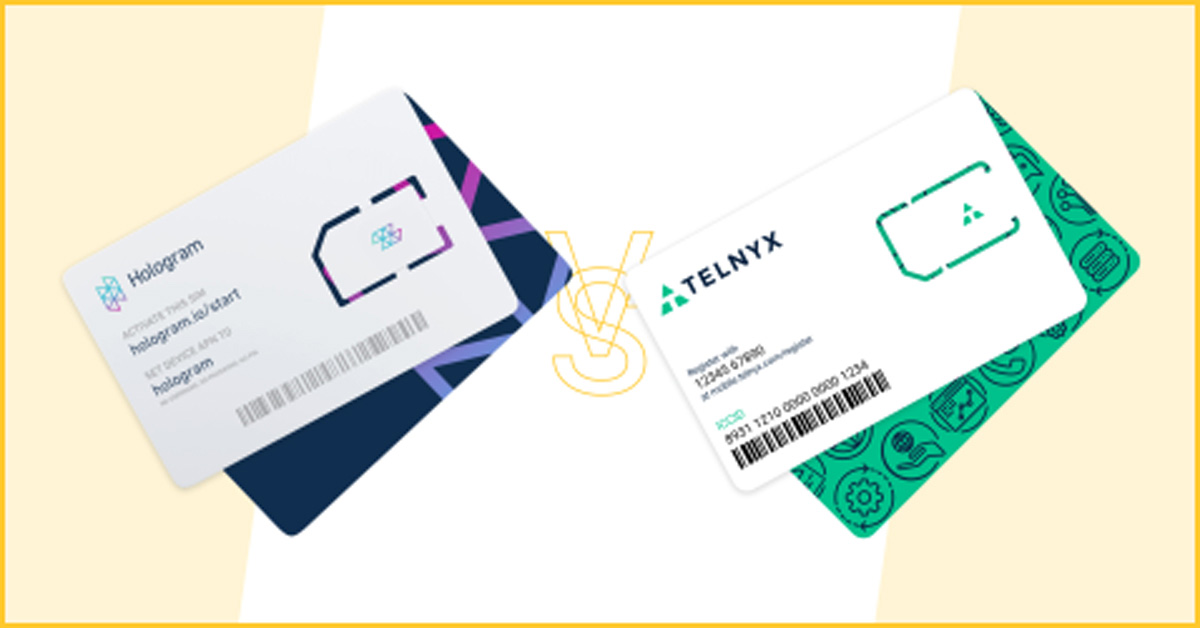 Hologram and Telnyx cellular IoT SIMs side-by-side.