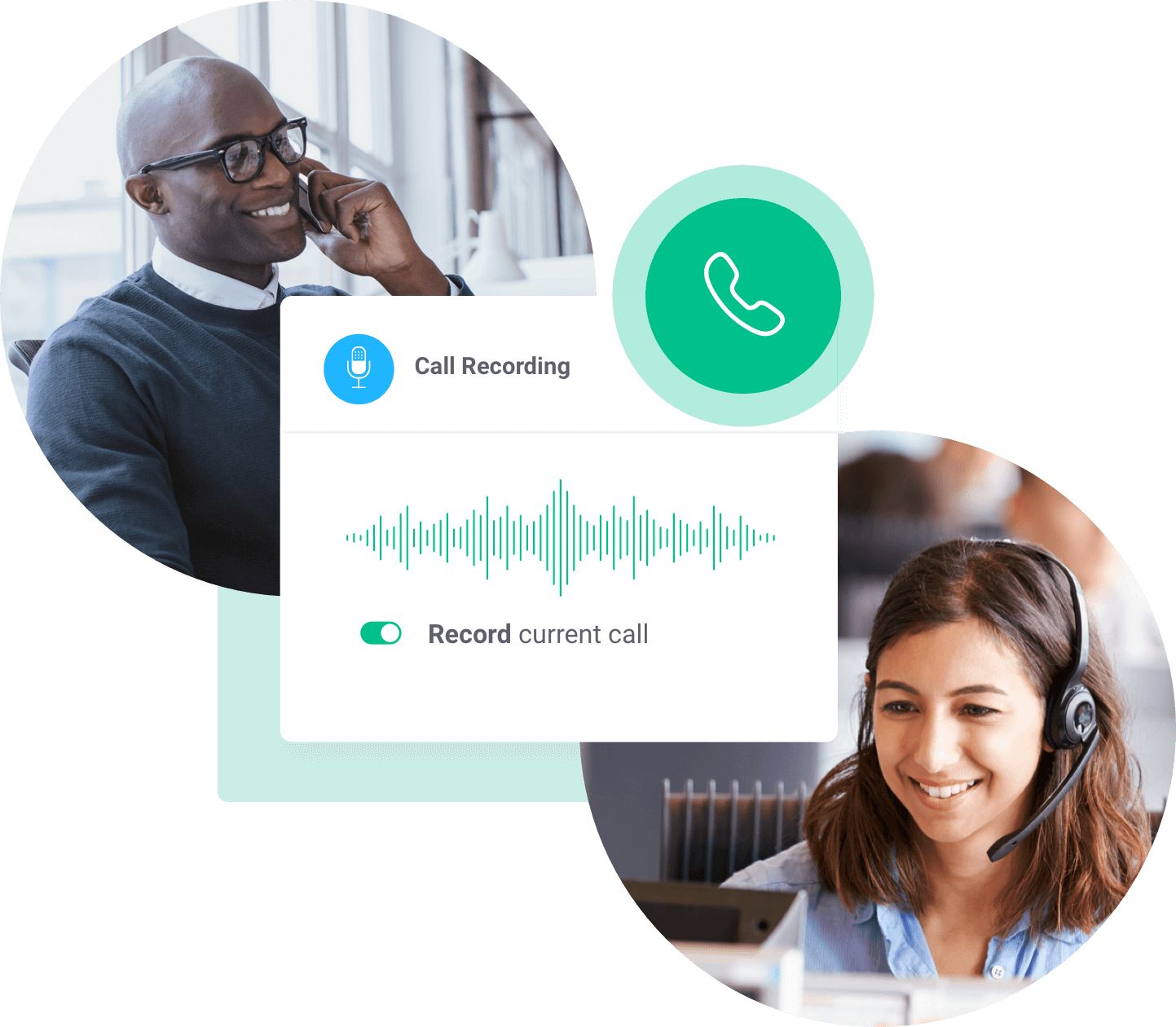 A person with a cellphone calling another one using a headset and in the middle voice waves symbolizing the sound and a toggleable button to Record current call