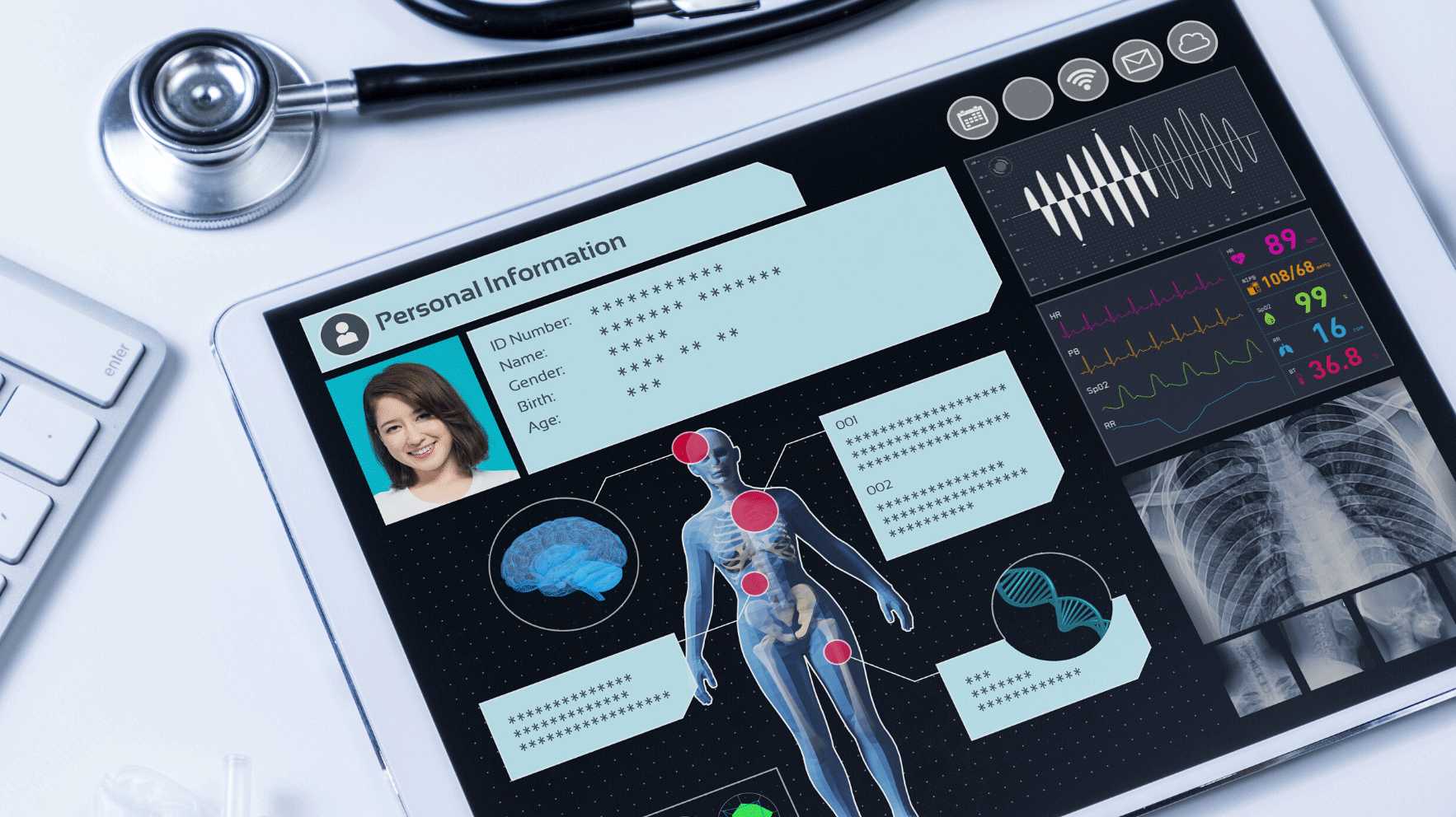 A tablet is showing patient medical records in an easy-to-use healthcare software user interface.