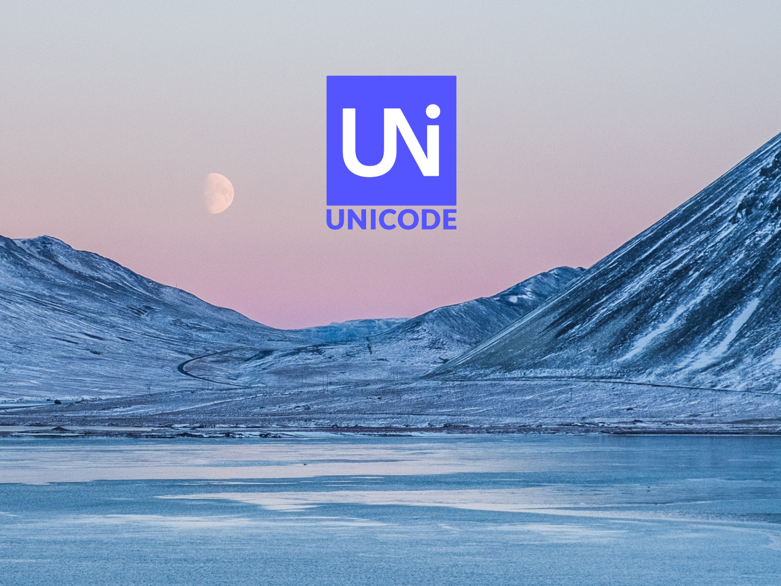 Unicode logo with winter landscape of a frozen lake and mountains in the background. 