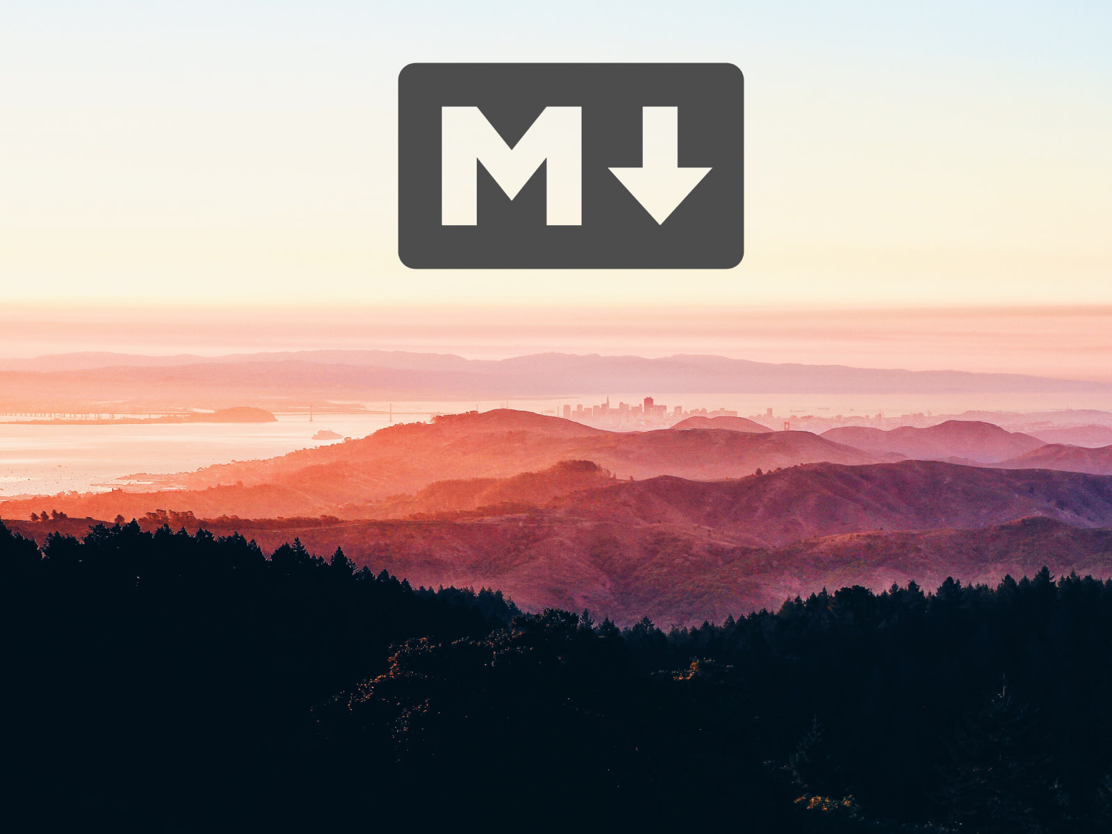 Forest, hills, ocean and city at sunrise with markdown logo.