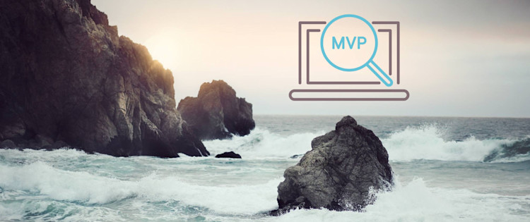 MVP icon in the front, Seashore with small waves crashing at the rocks at sunrise in the background.