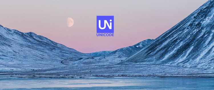 Unicode logo with winter landscape of a frozen lake and mountains in the background.