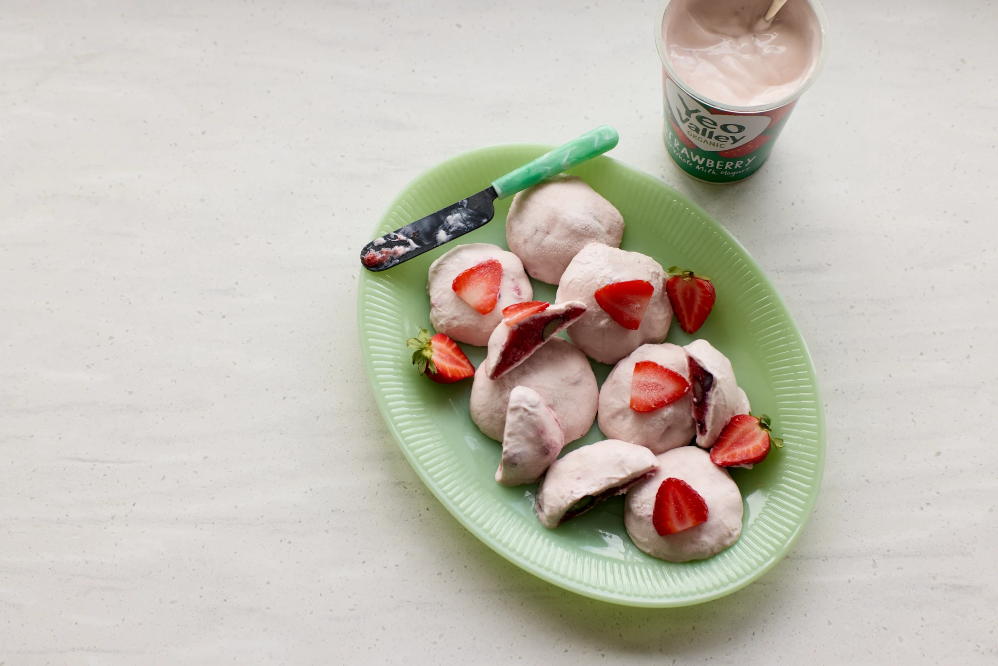 Strawberry yogurt bites, with strawberry and blueberry chia jam