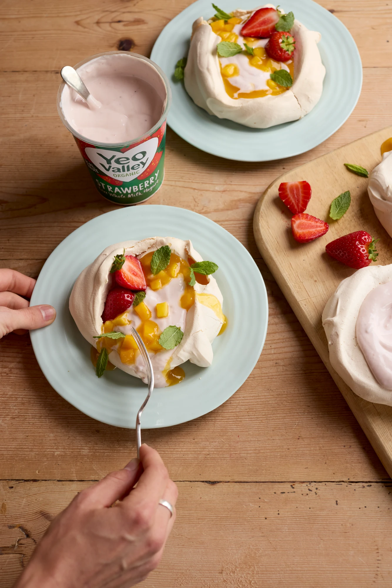 Tropical Mini Pavlovas with Strawberry yogurt, mango and mint