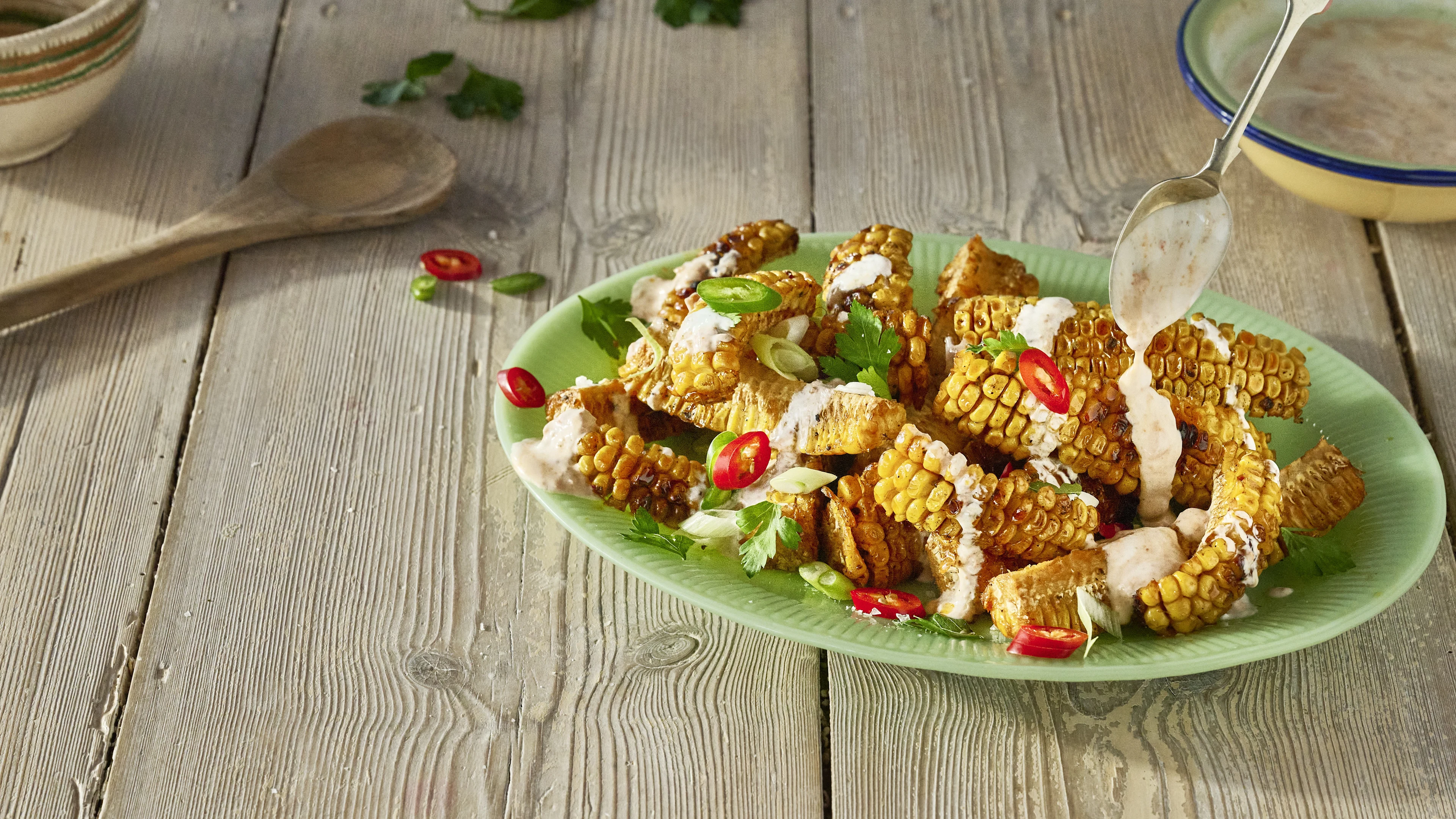 Recipe - Chilli Corn Ribs with Muhammara Red Pepper Yogurt Dip