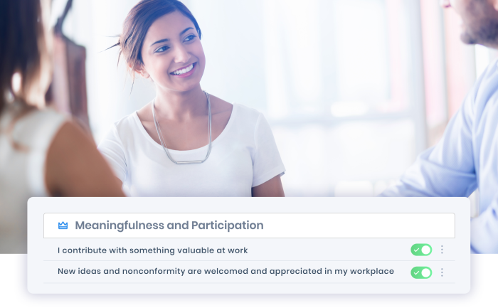 Picture of a professional woman and a screen shot of the Eletive app showing questions regarding Meaningfulness and Participation in the work place