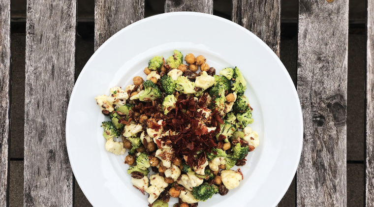 Broccoli, cauliflower, and chickpea salad with coconut curried dressing