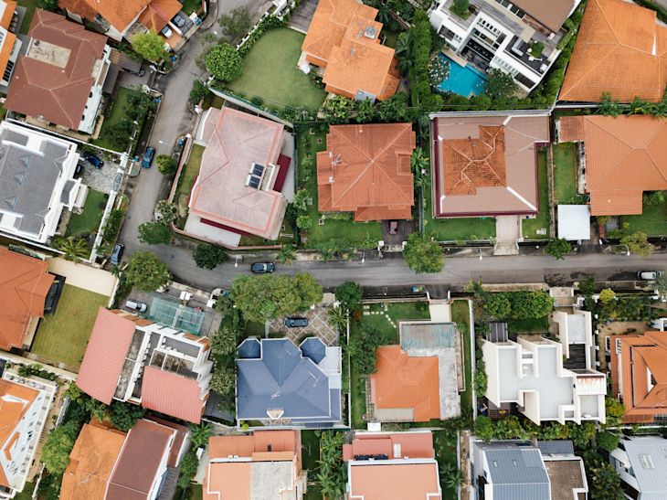 A residential area viewed from the sky