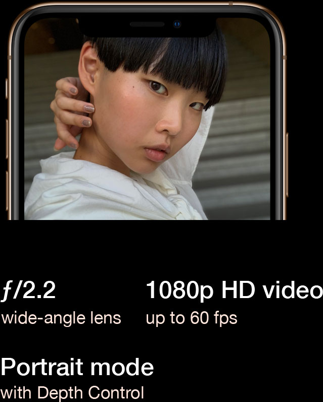 TrueDepth camera - Æ’/2.2 wide-angle lens, Portrait mode with Depth Control, 1080p video up to 60 fps.