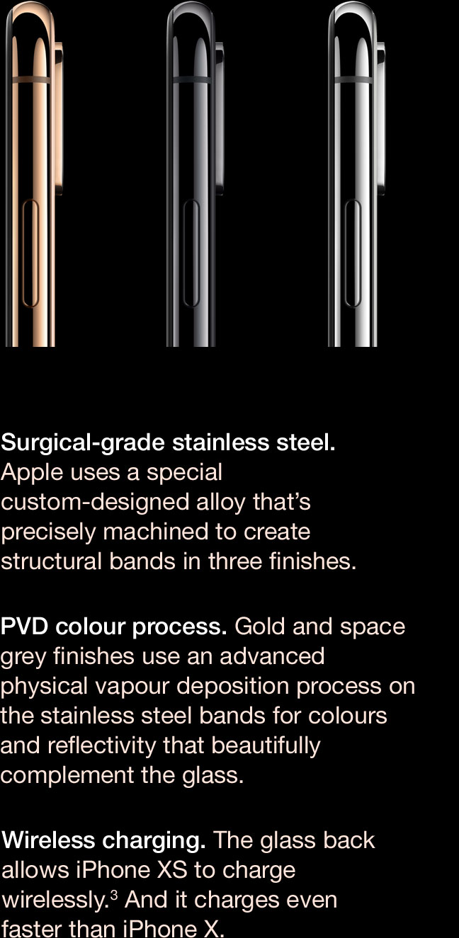 surgical-grade stainless steel, PVD colour process, wireless charging.
